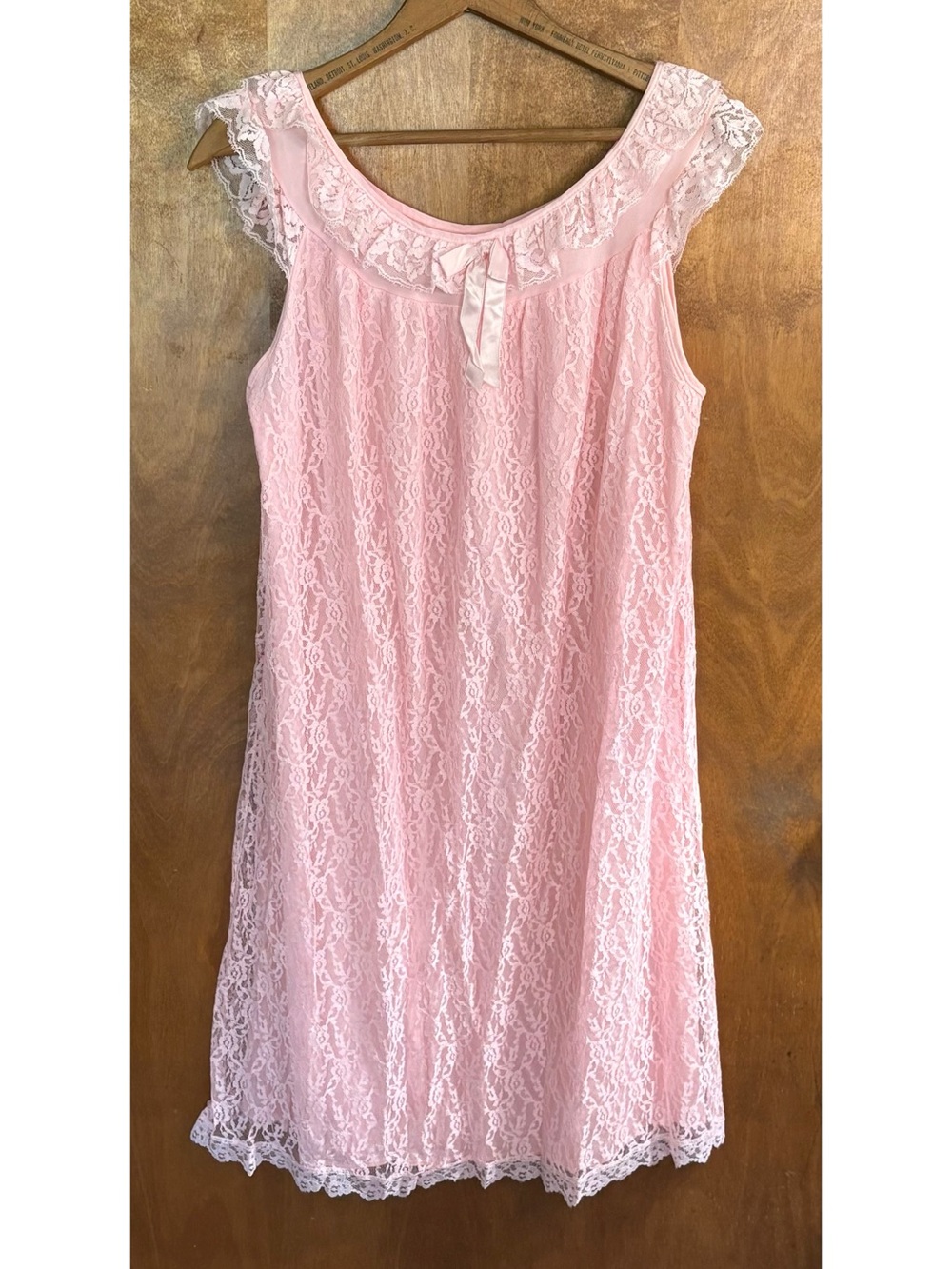 VINTAGE 60s Pink Floral Lace Satin Bow Babydoll Dress Victorian Bridgerton 1960s